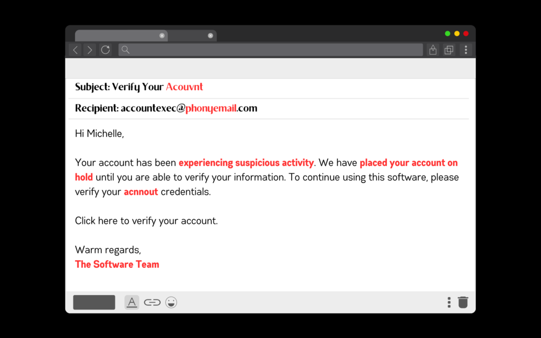 Email screen with common phishing tactics highlighted in red